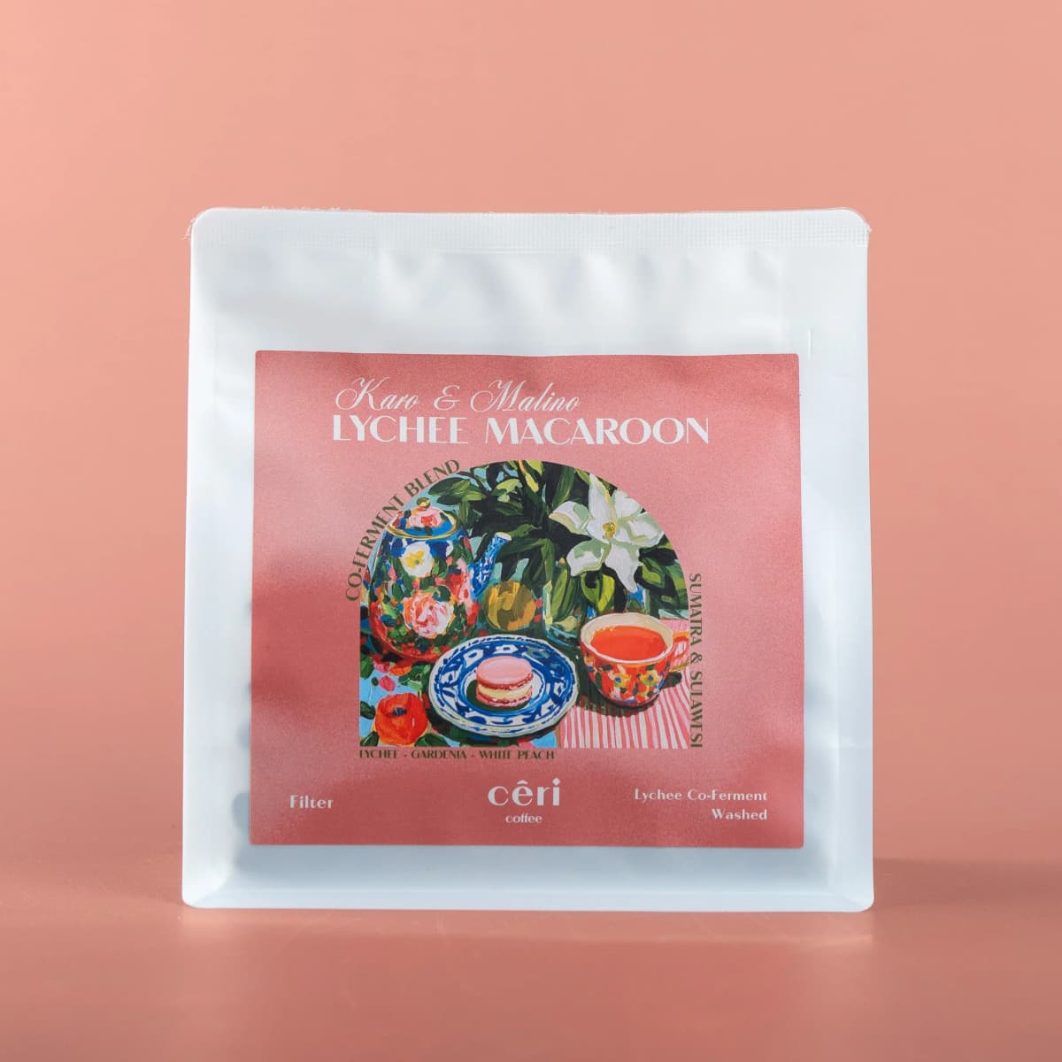 Ceri coffee coferment coffee package with a floral design on a pink background
