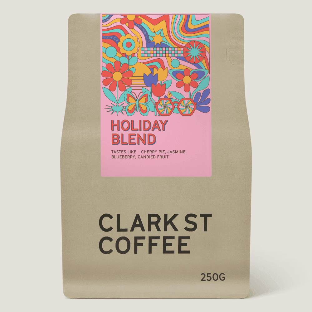 Clark St Coffee Holiday Blend 250g bag, limited seasonal coffee with retro floral label in espresso or filter roast
